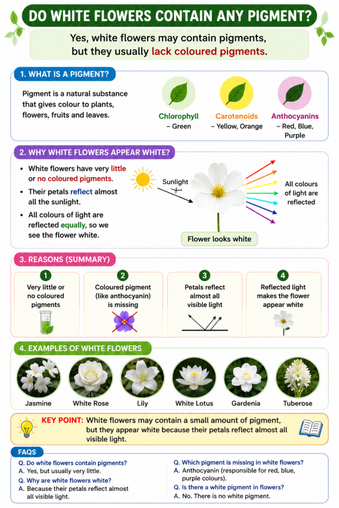 Do white flowers contain any pigment? Give reasons