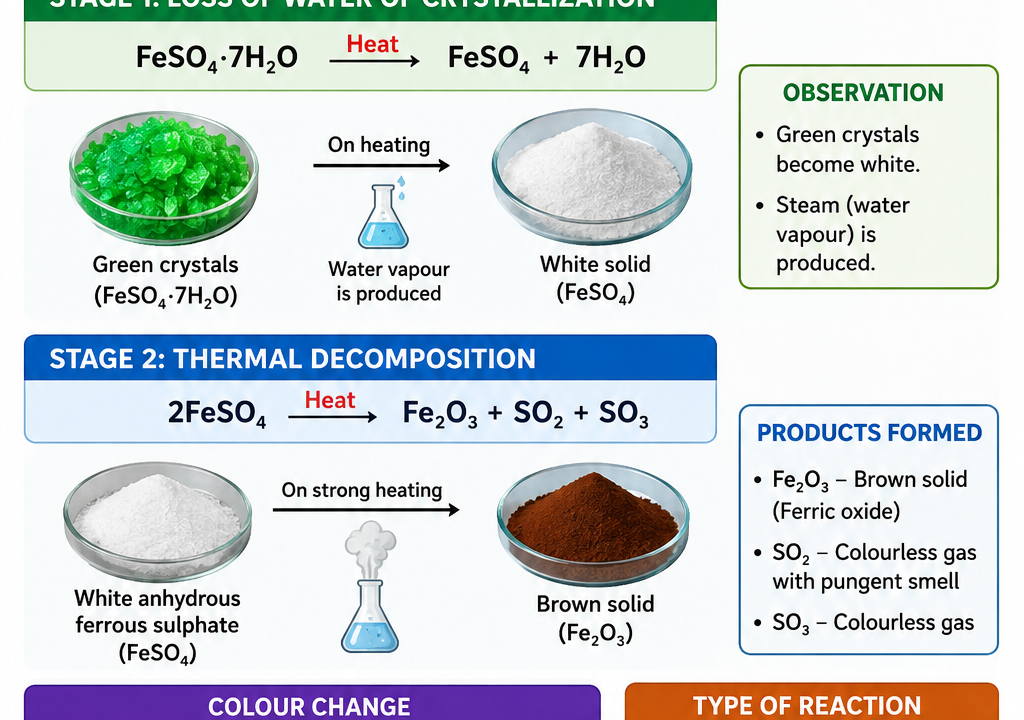 What happens when ferrous sulphate is heated class 10