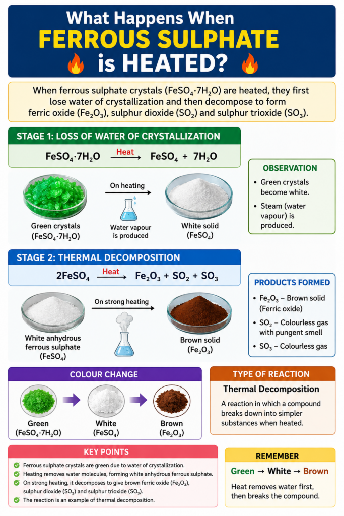 What happens when ferrous sulphate is heated class 10